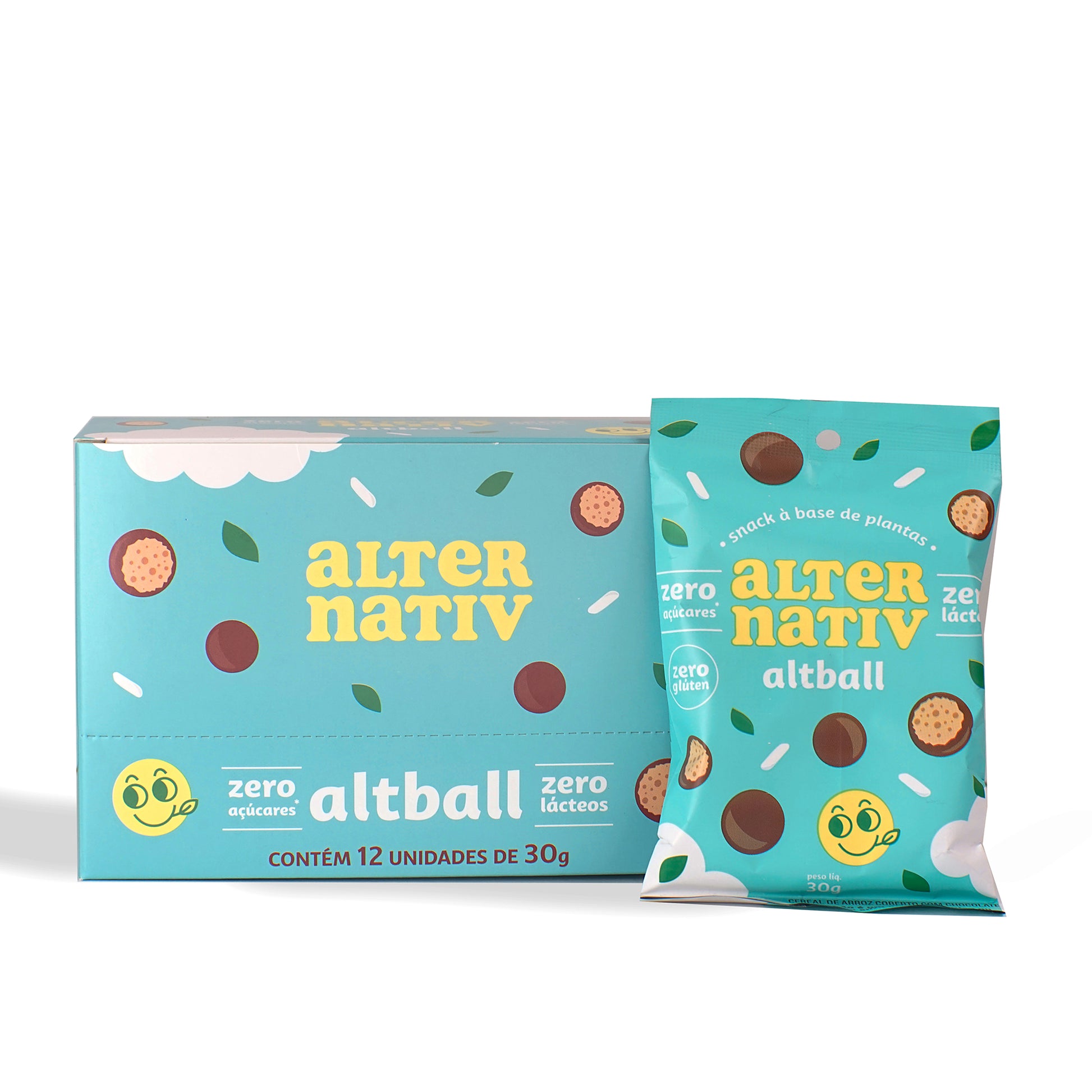 caixa de altball cereal de arroz com chocolate com um snack ao lado